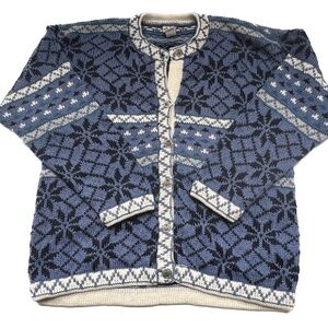 Sweater Nordic Chunky Alpaca Blend Size Large Blue Black Hand Made Peru Buttons